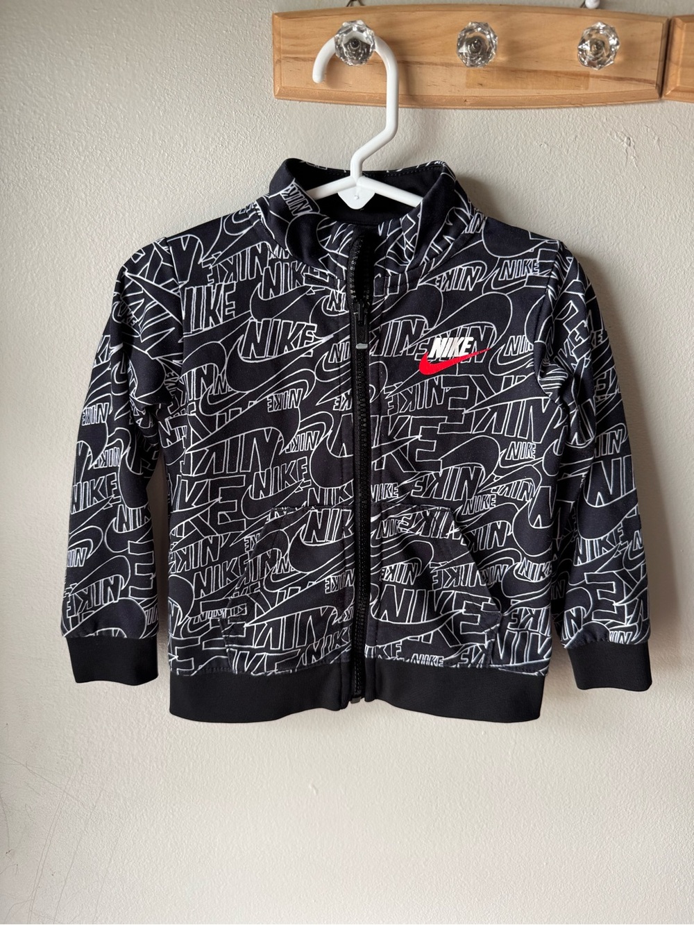 Nike Toddler Boys Black White All Over Logo Print Track Jacket Red Swoosh - 2T